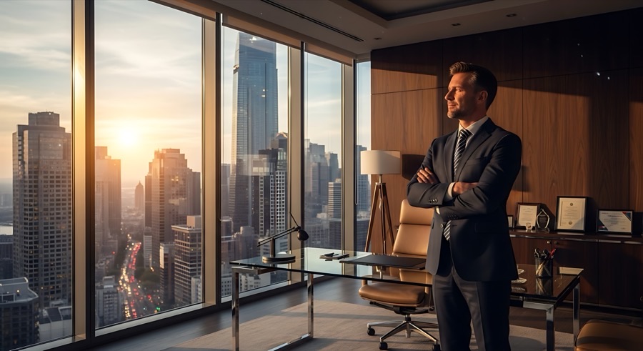 An executive in a high-rise office at sunrise