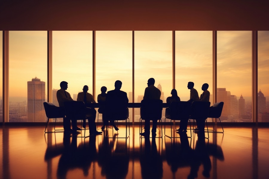 A strategy team around a boardroom table at sunset